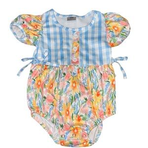 Boutique Baby Girl Floral Gingham Bubble Romper 18M Blue Puff Sleeve Spring